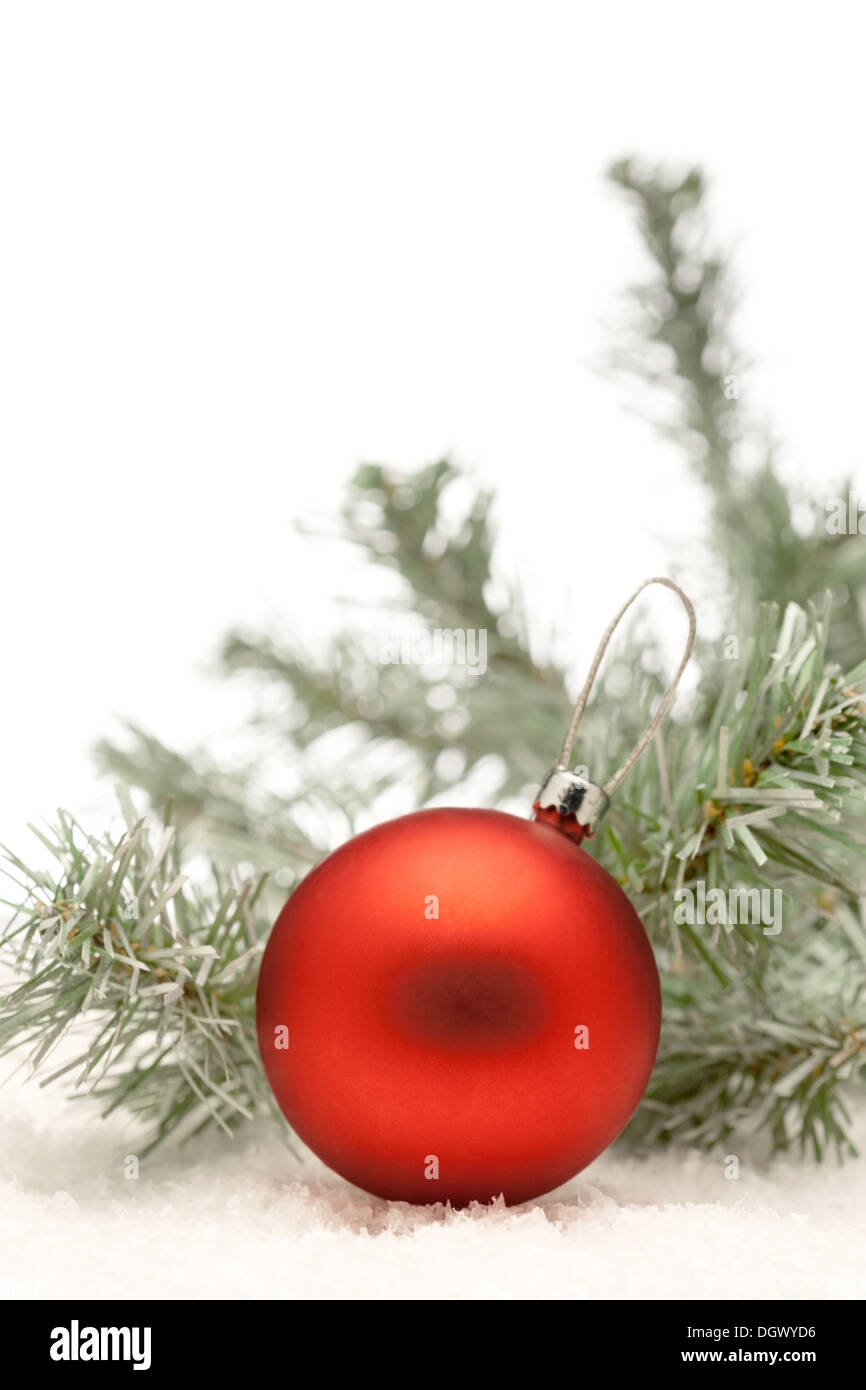 Red palla di Natale e un ramo di albero di Natale con spazio di copia Foto Stock