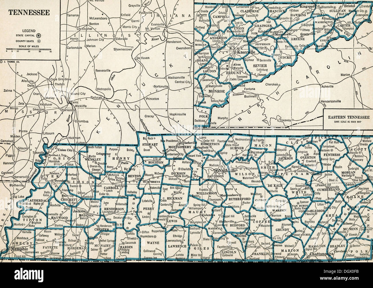 Mappa vecchia di stato del Tennessee, 1930 Foto Stock