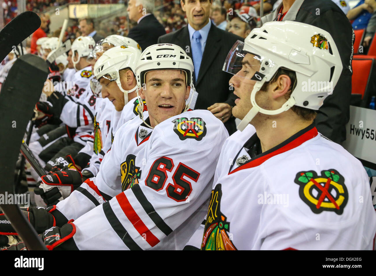 Chicago Blackhawk Andrew Shaw durante un NHL Hockey gioco durante la stagione 2013-2014 Foto Stock