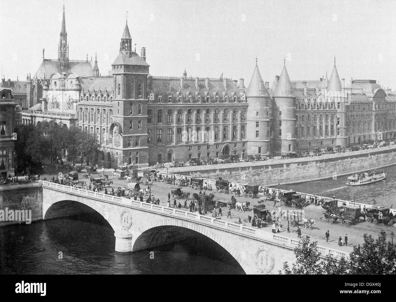 Vecchia fotografia di Pont au Change, Palais de Justice e la Conciergerie, Parigi, 1890 Foto Stock