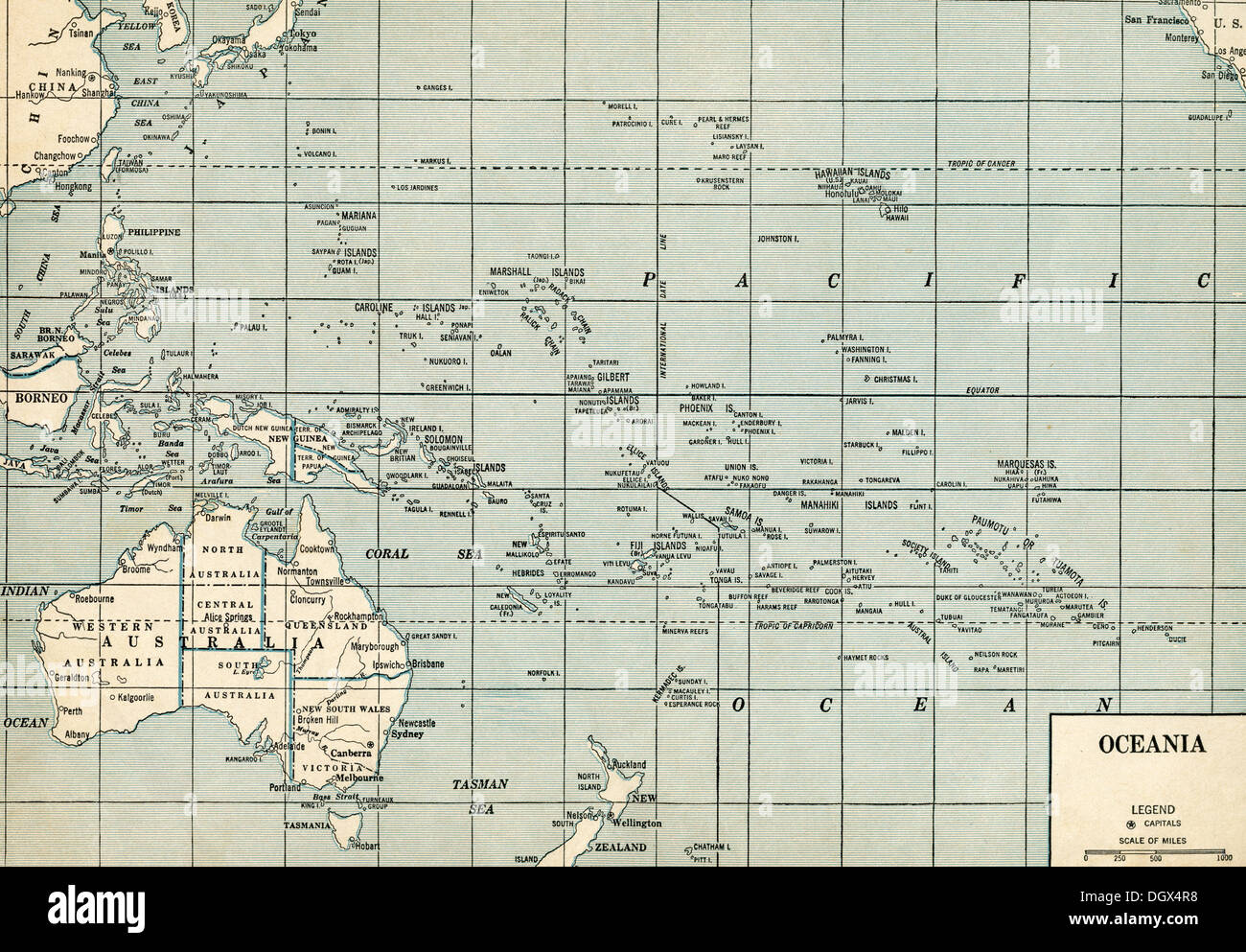 Mappa vecchia di Oceania, 1930 Foto Stock