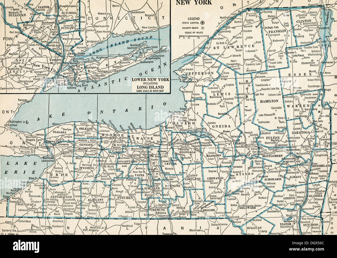 Mappa vecchia dello stato di New York, 1930 Foto Stock