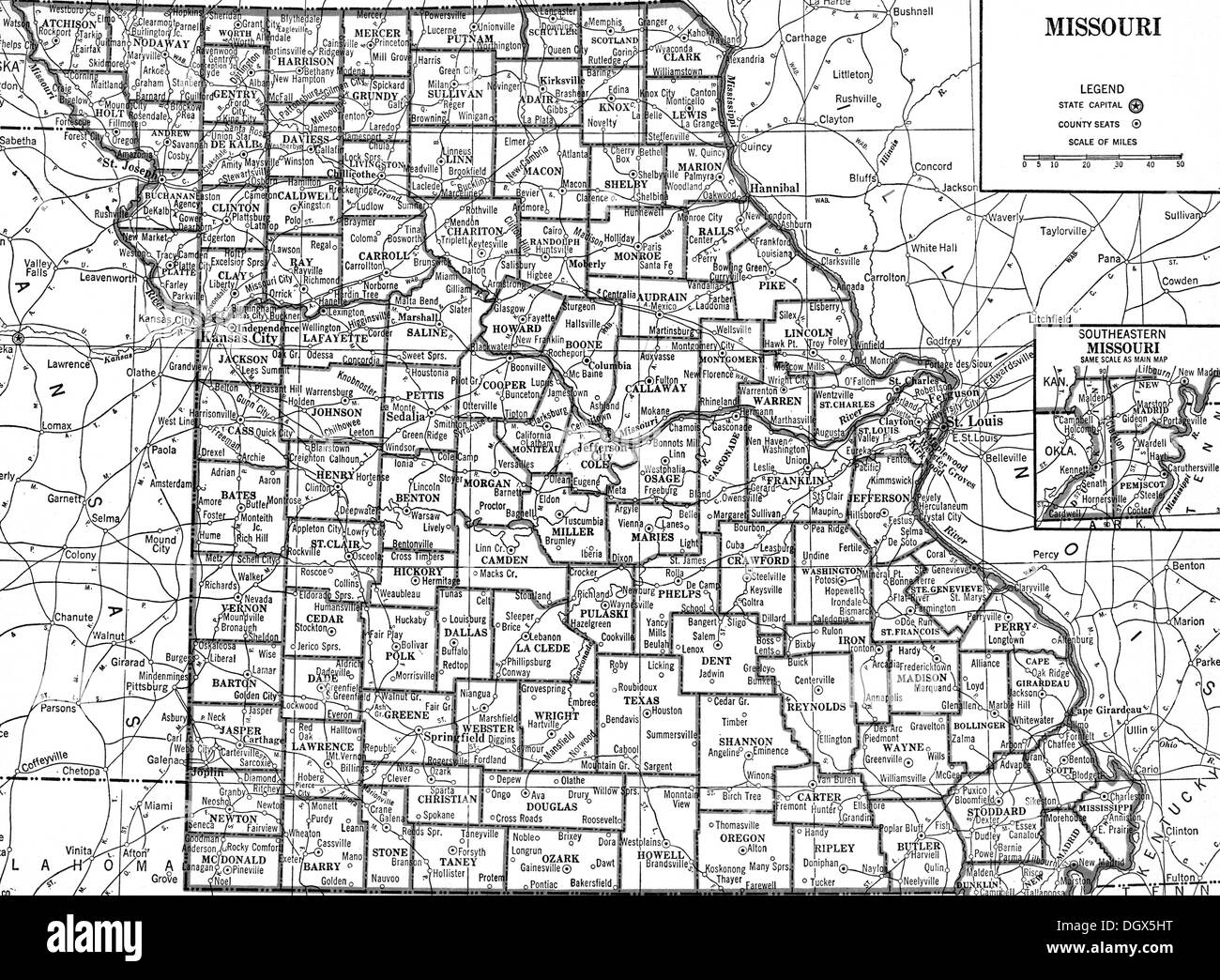 Mappa vecchia del Missouri State, 1930 Foto Stock