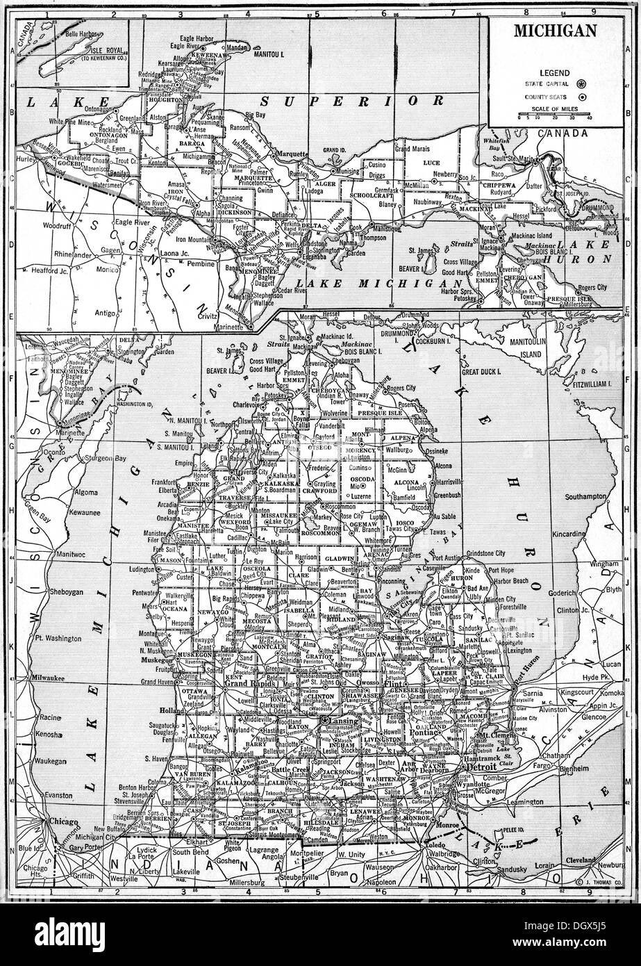 Mappa vecchia del Michigan, 1930 Foto Stock