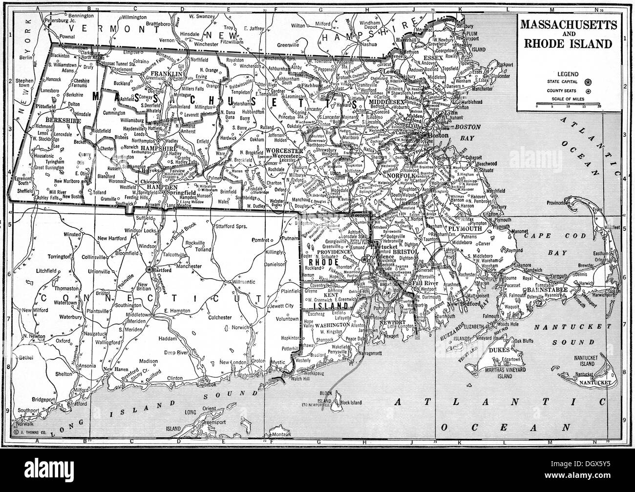 Mappa vecchia del Massachusetts e Rhode Island membri, 1930 Foto Stock