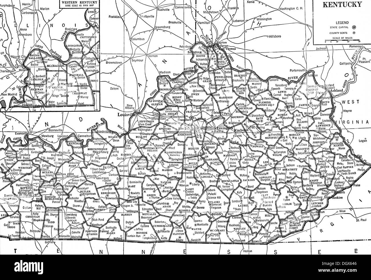 Mappa vecchia di stato del Kentucky, 1930 Foto Stock
