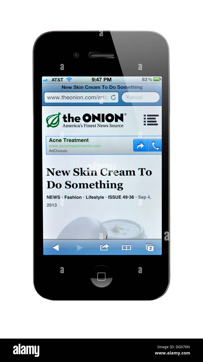 Lo schermo di iPhone che mostra il sito web di cipolla, American satira news Foto Stock