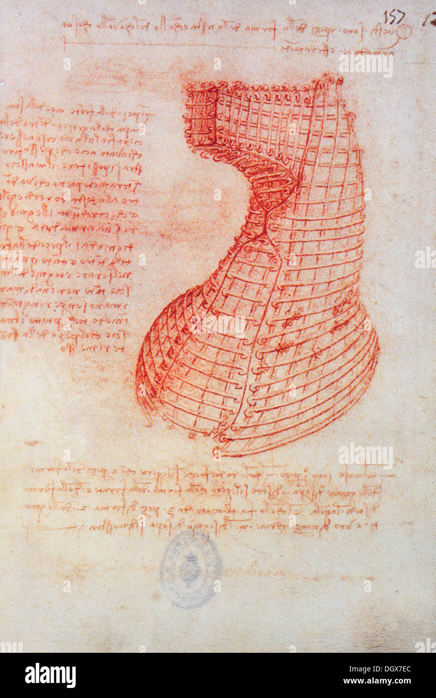 Disegno del gancio in ferro e soggiorno stampo per la testa di cavallo da Trivulzio monumento 1509-10 Madrid Codex Foto Stock