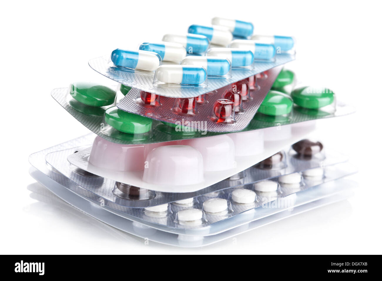 Pila di confezioni di pillola isolato Foto Stock