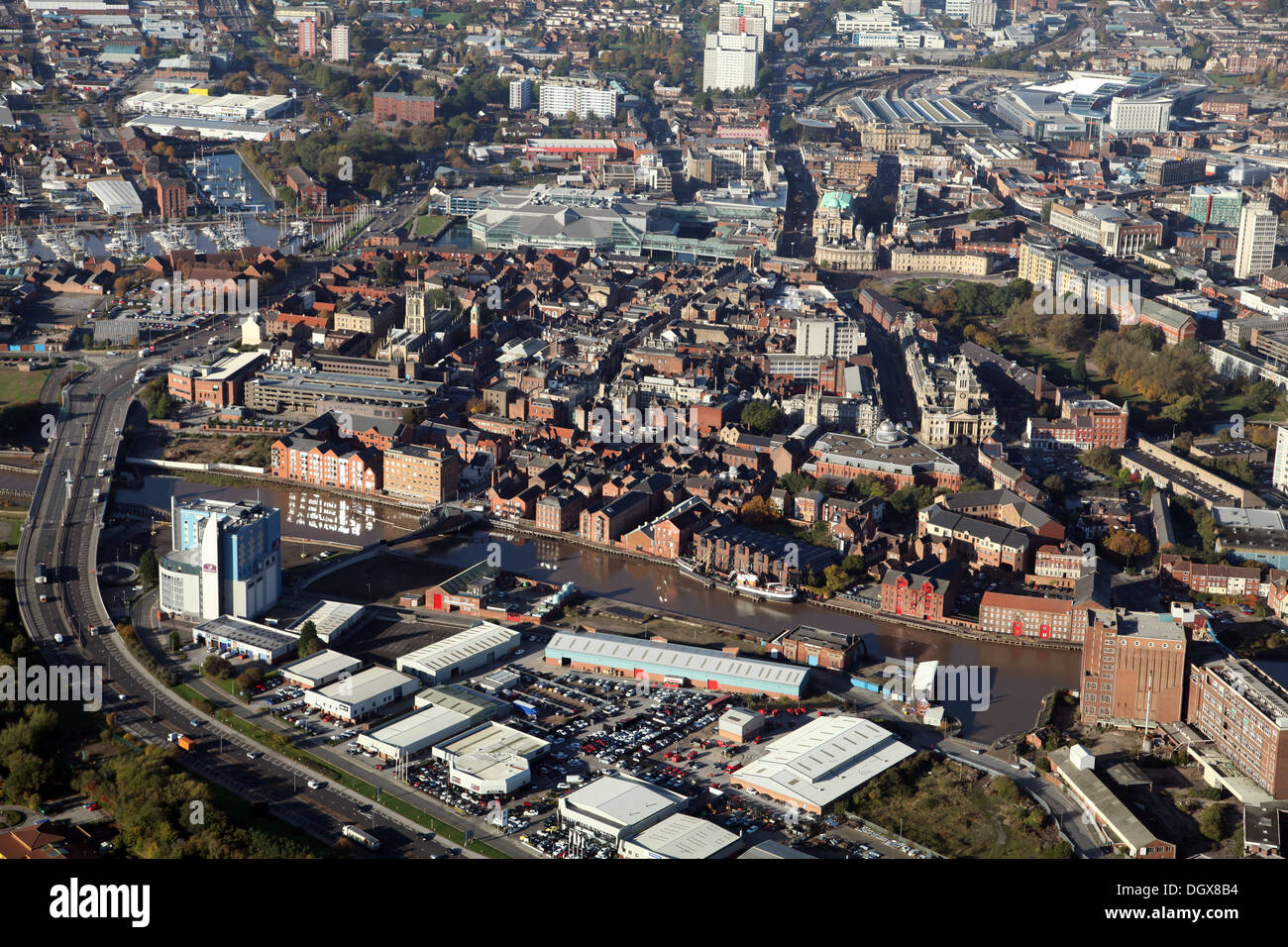Vista aerea dello scafo, da est verso ovest attraverso il Fiume Hull waterfront Foto Stock