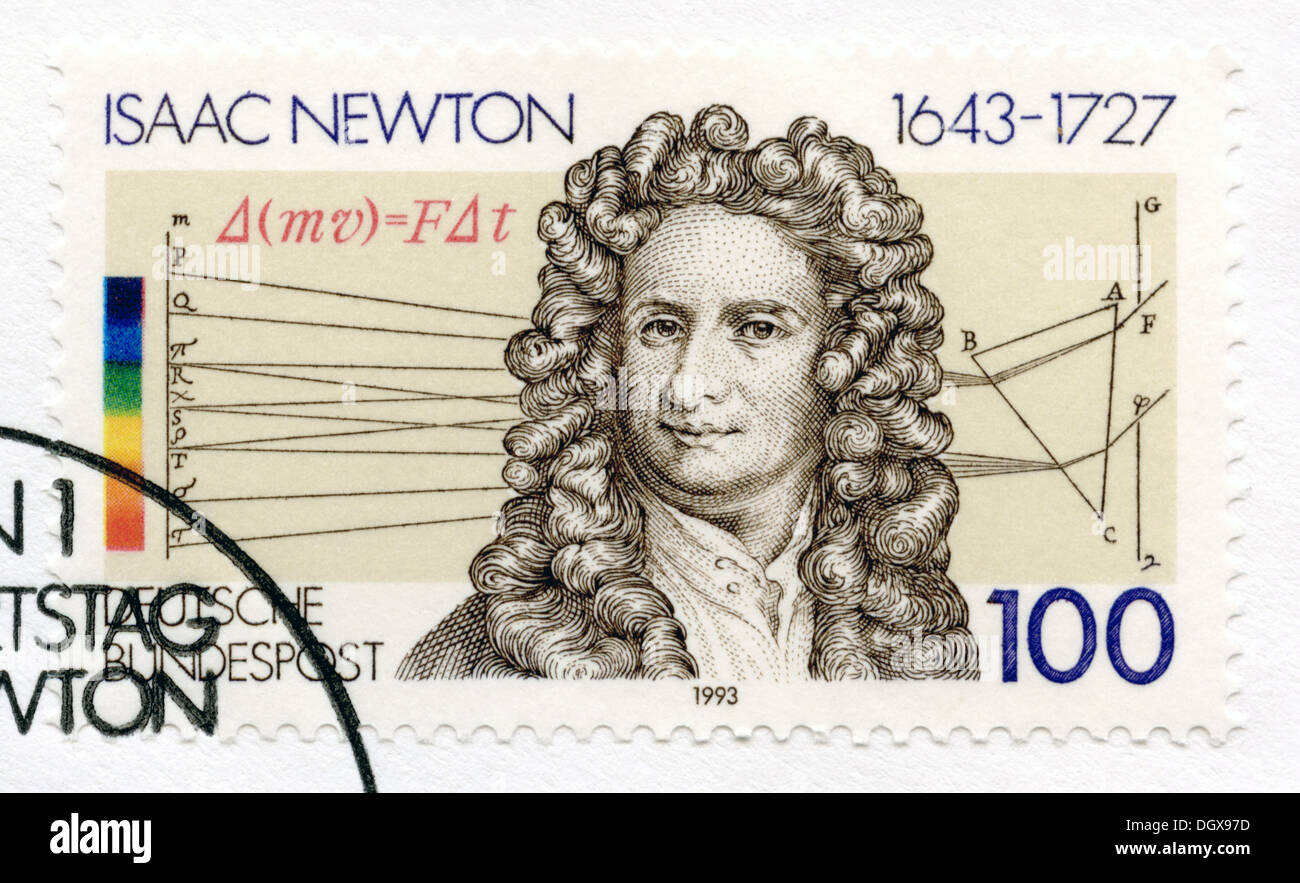 Germania francobollo raffigurante Isaac Newton, un fisico inglese e matematico Foto Stock