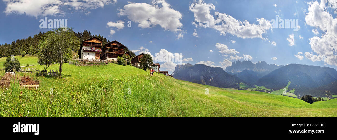 Fattorie Alpine e pascoli verdi in Valle Villnoess, Funes, Alto Adige Provincia, Trentino-Alto Adige, Italia Foto Stock