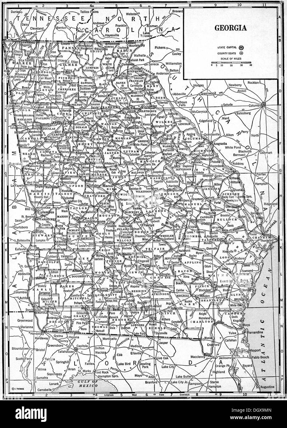 Mappa vecchia di stato della Georgia, 1930 Foto Stock