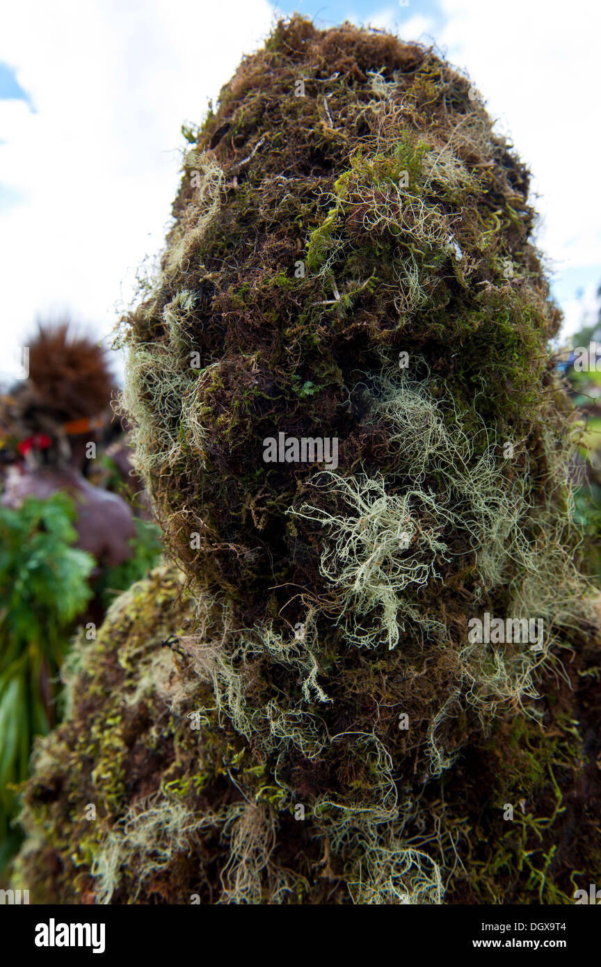 L'uomo coperto di moss presso il tradizionale sing-sing raccolta, Hochland, Mount Hagen, Highlands Occidentali, provincia di Papua Nuova Guinea Foto Stock