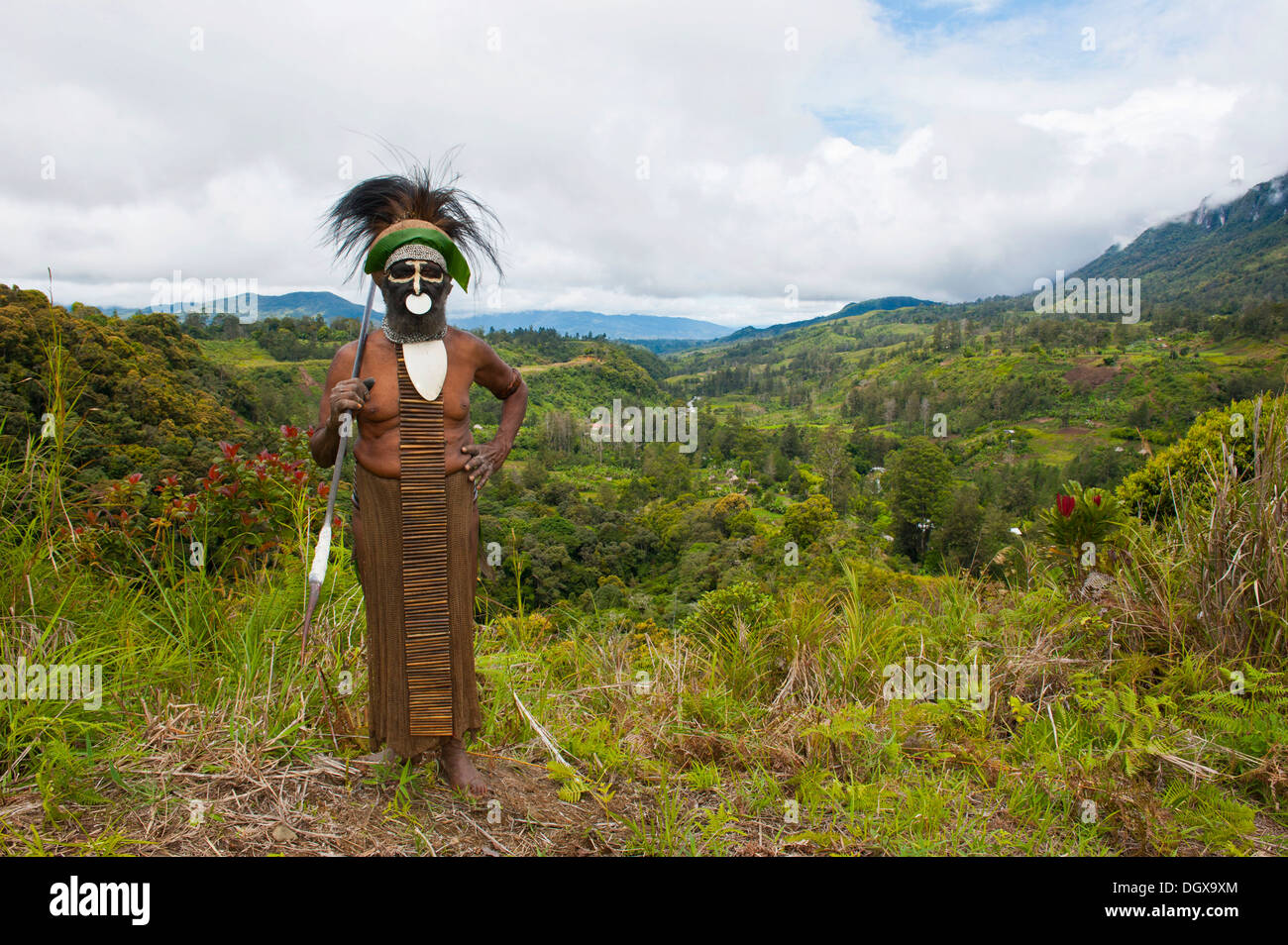 Decorate e dipinte capo tribù nelle Highlands, Paya Highland, Papua Nuova Guinea Foto Stock