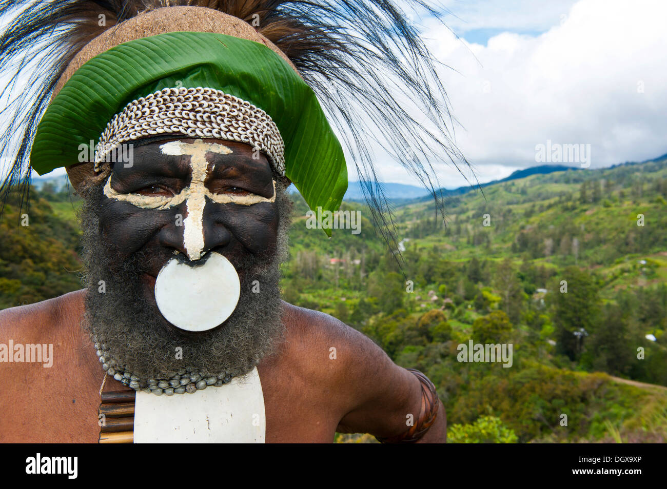 Decorate e dipinte capo tribù nelle Highlands, Paya Highland, Papua Nuova Guinea Foto Stock