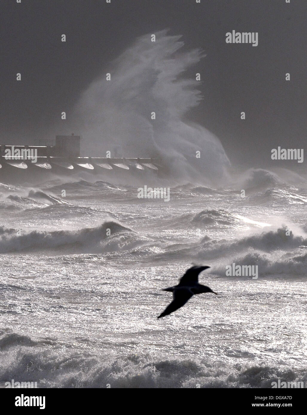 Onde enormi crash su Brighton Marina come questa mattina la costa sud si prepara per la tempesta della st Jude UK Foto Stock