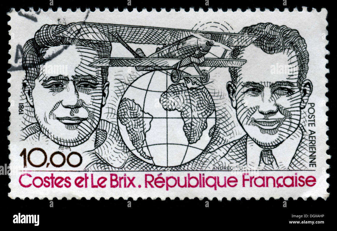 Francia francobollo raffigurante aviatori francesi Dieudonné Costes e Giuseppe Le Brix. Hanno volato in tutto il mondo nel 1928. Foto Stock