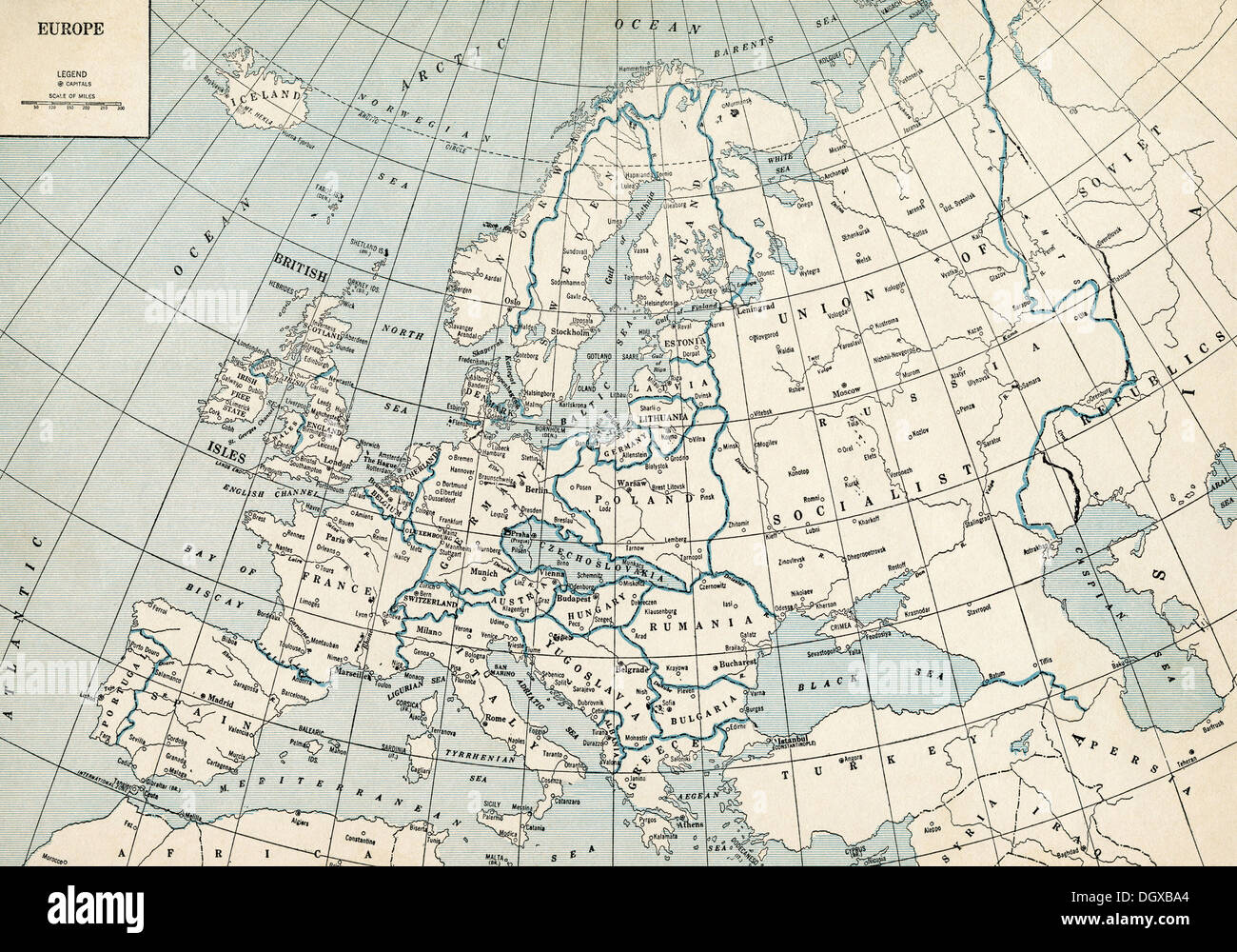 Mappa vecchia d'Europa, 1930 Foto Stock