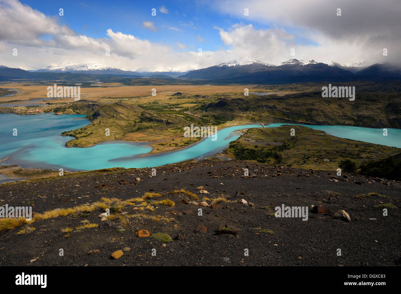 Roccia scura nella parte anteriore del Rio Paine River, Patagonia, Cile, Sud America Foto Stock