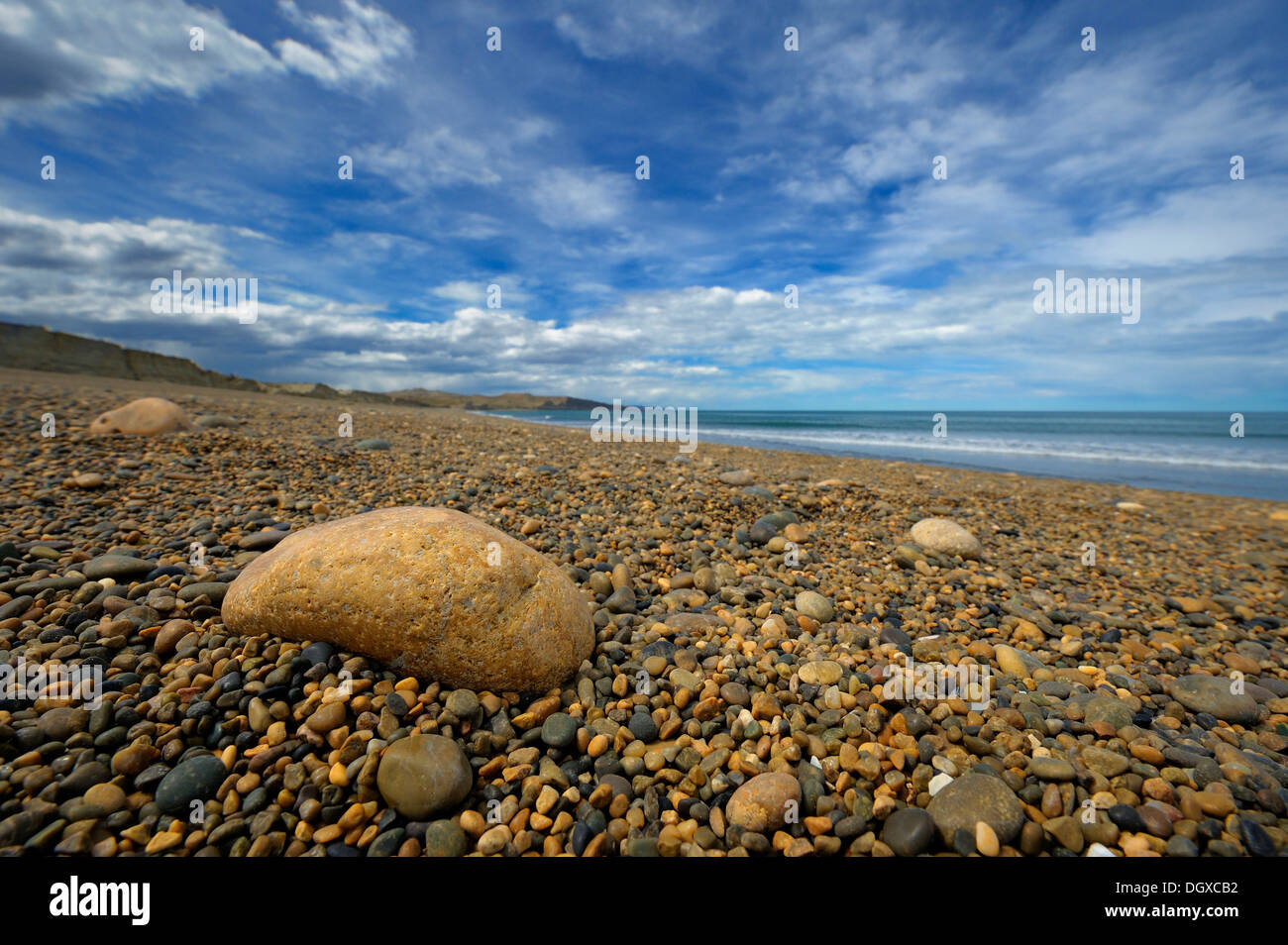 Spiaggia ghiaiosa, Monte Leon National Park, Rio Gallegos, Patagonia, Argentina, Sud America Foto Stock