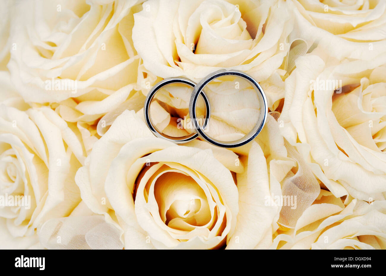 Gli anelli di nozze su un bouquet nuziale, rose bianche Foto Stock