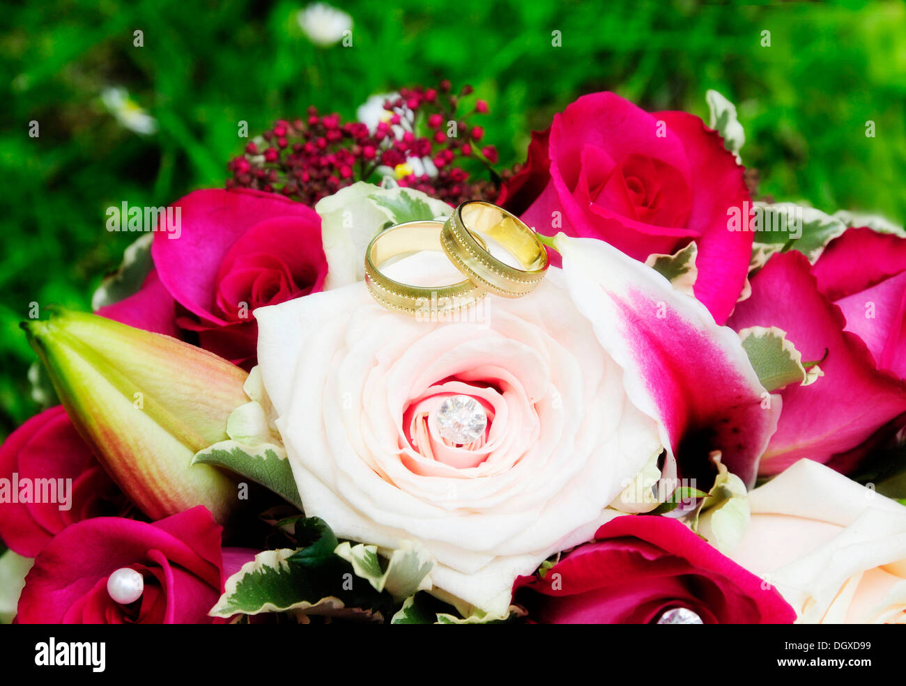 Golden gli anelli di nozze su un bouquet nuziale con le rose rosa Foto Stock