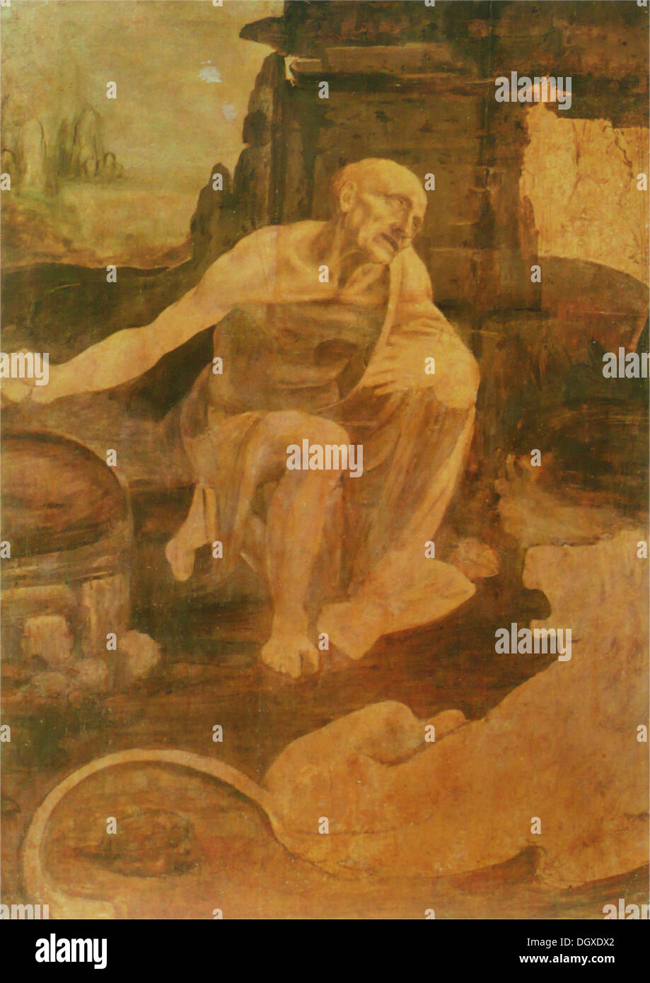 San Girolamo in preghiera nel deserto - di Leonardo da Vinci, c. 1480 Foto Stock San Girolamo in preghiera nel deserto - di Leonardo da Vinci, c. 1480 Foto Stock