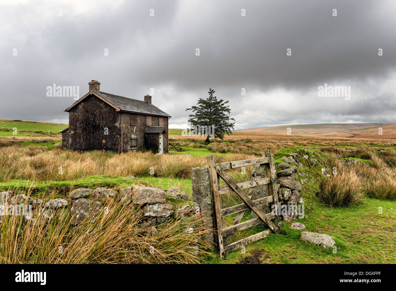 Una abbandonata e fattoria abbandonata a Nun's Cross una remota parte del Parco Nazionale di Dartmoor vicino Princetown in Devon Foto Stock