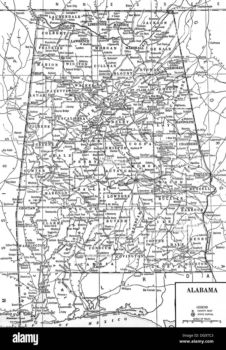 Mappa vecchia di stato dell'Alabama, 1930 Foto Stock