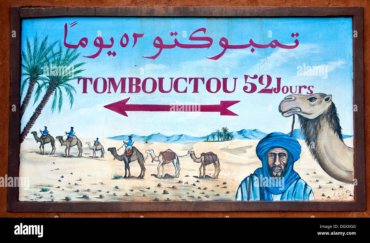 La scheda di destinazione, Tombouctou Timbuktu, 52 giorni, mostrando la carovana storico percorso attraverso il deserto del Sahara, Zagora Foto Stock