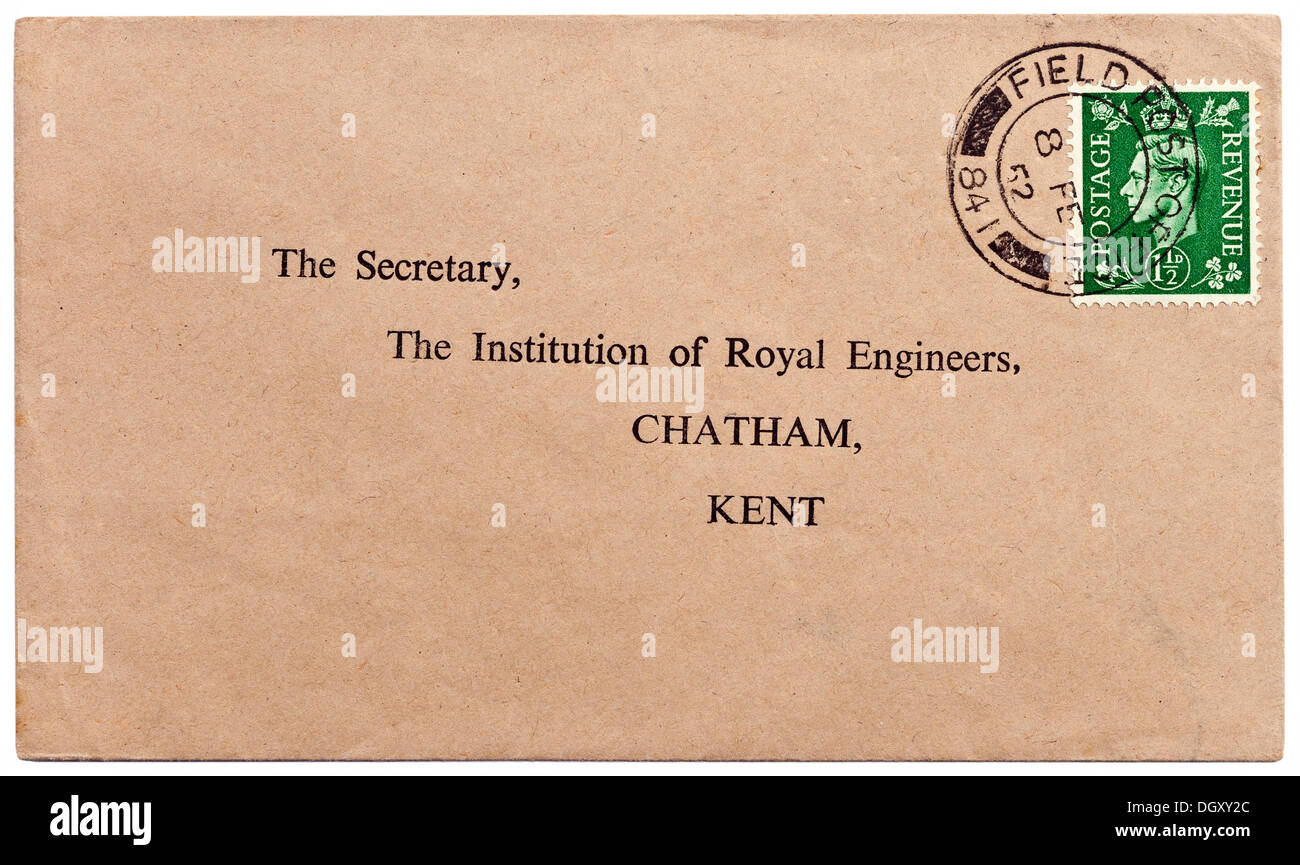 1952 GB lettera con King George VI 1 1/2d timbro con F.P.O. 'Campo Post Office' esercito farà fede il timbro postale. Foto Stock