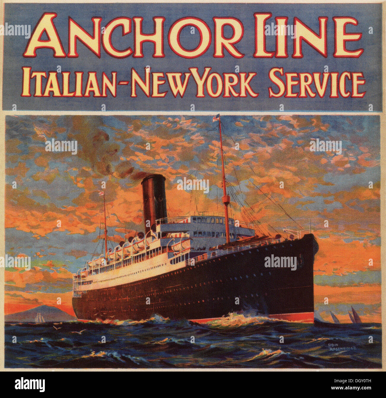 Linea di ancoraggio ad vintage travel poster, 1920's - solo uso editoriale. Foto Stock