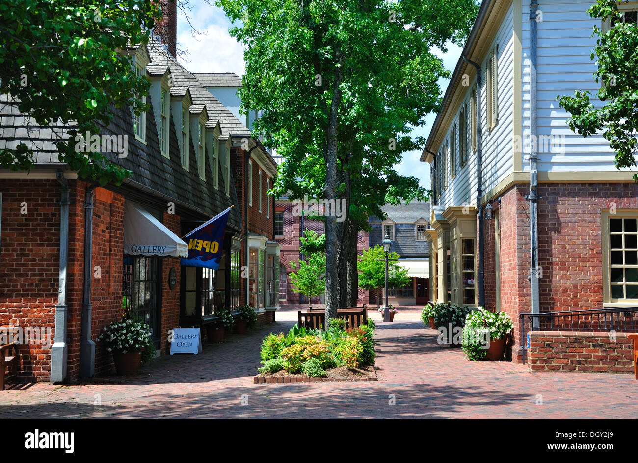 Piccoli negozi nel centro storico di Williamsburg, Virginia, Stati Uniti d'America Foto Stock