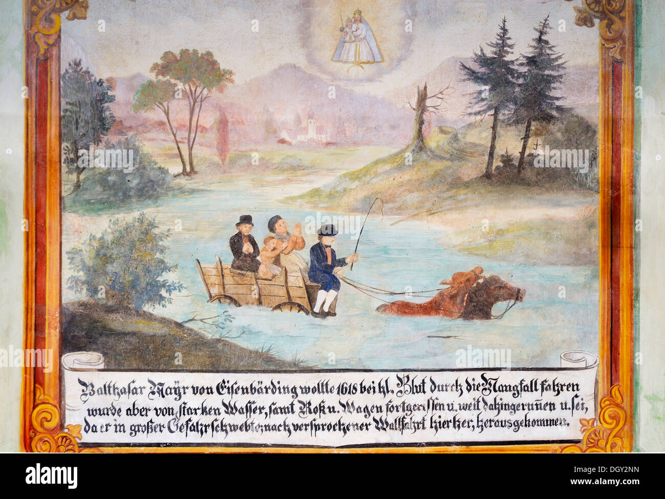 Ex voto votive, pittura a calce, rappresentazione della miracolosa al salvataggio di un carrello dalle acque di un fiume, XVI secolo Foto Stock