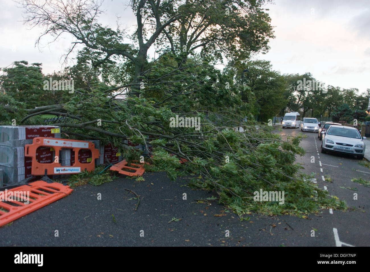 Herne Hill, Londra 28 OTT 2013: un albero caduto blocca una strada a Herne Hill, Londra del sud come il peggiore dei venti di tempesta spazzando Gran Bretagna meridionale lacrime attraverso questo parco pubblico, bloccando la strada suburbana e piegatura di ringhiere.La tempesta, denominato St Jude, ha portato la windiest meteo a colpire il Regno Unito dal 1987. Credito: Richard Baker / Alamy Live News Foto Stock