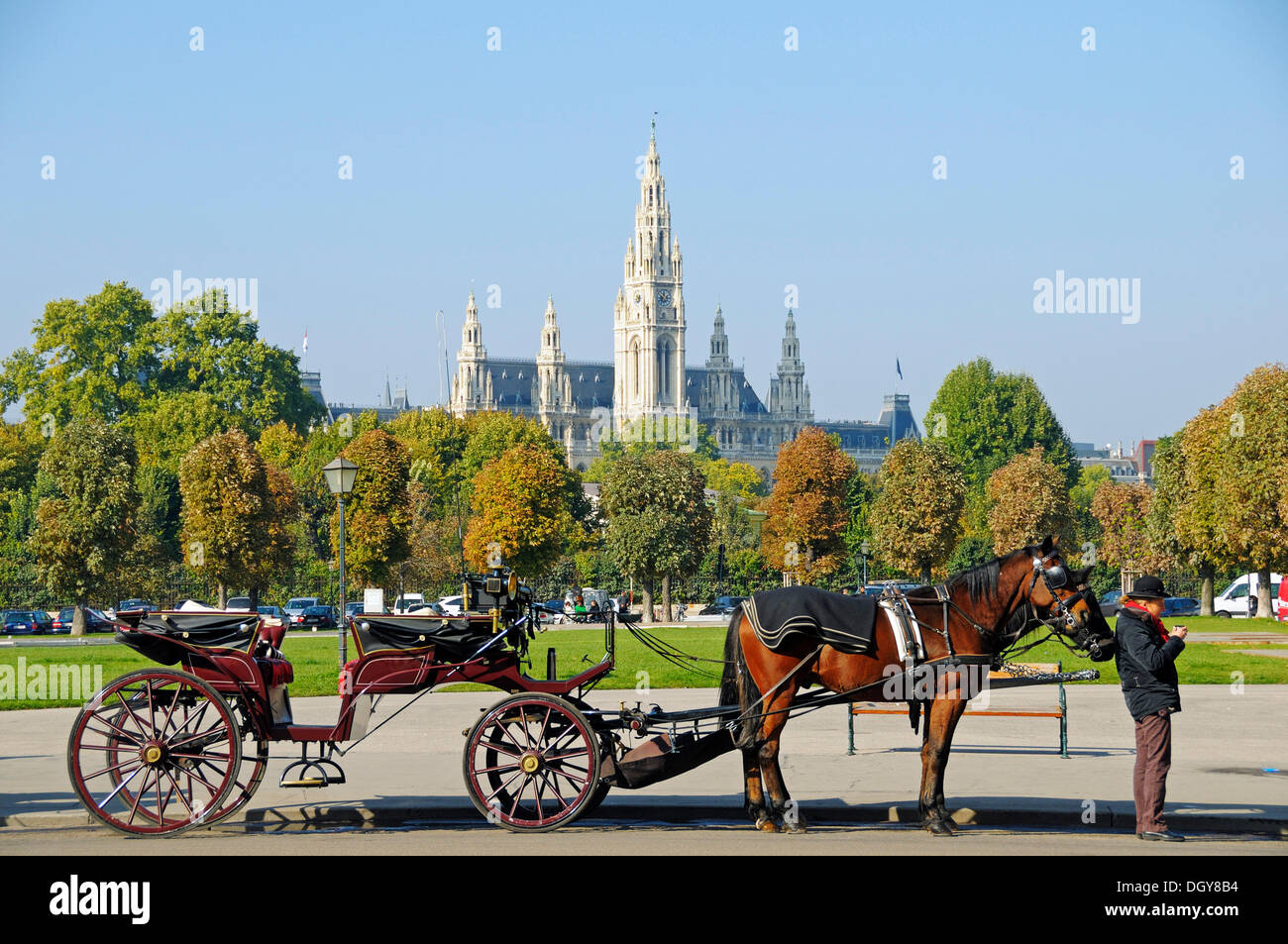 Fiaker, carrozza trainata da cavalli con un autista davanti al Municipio di Vienna, Vienna, Austria, Europa Foto Stock