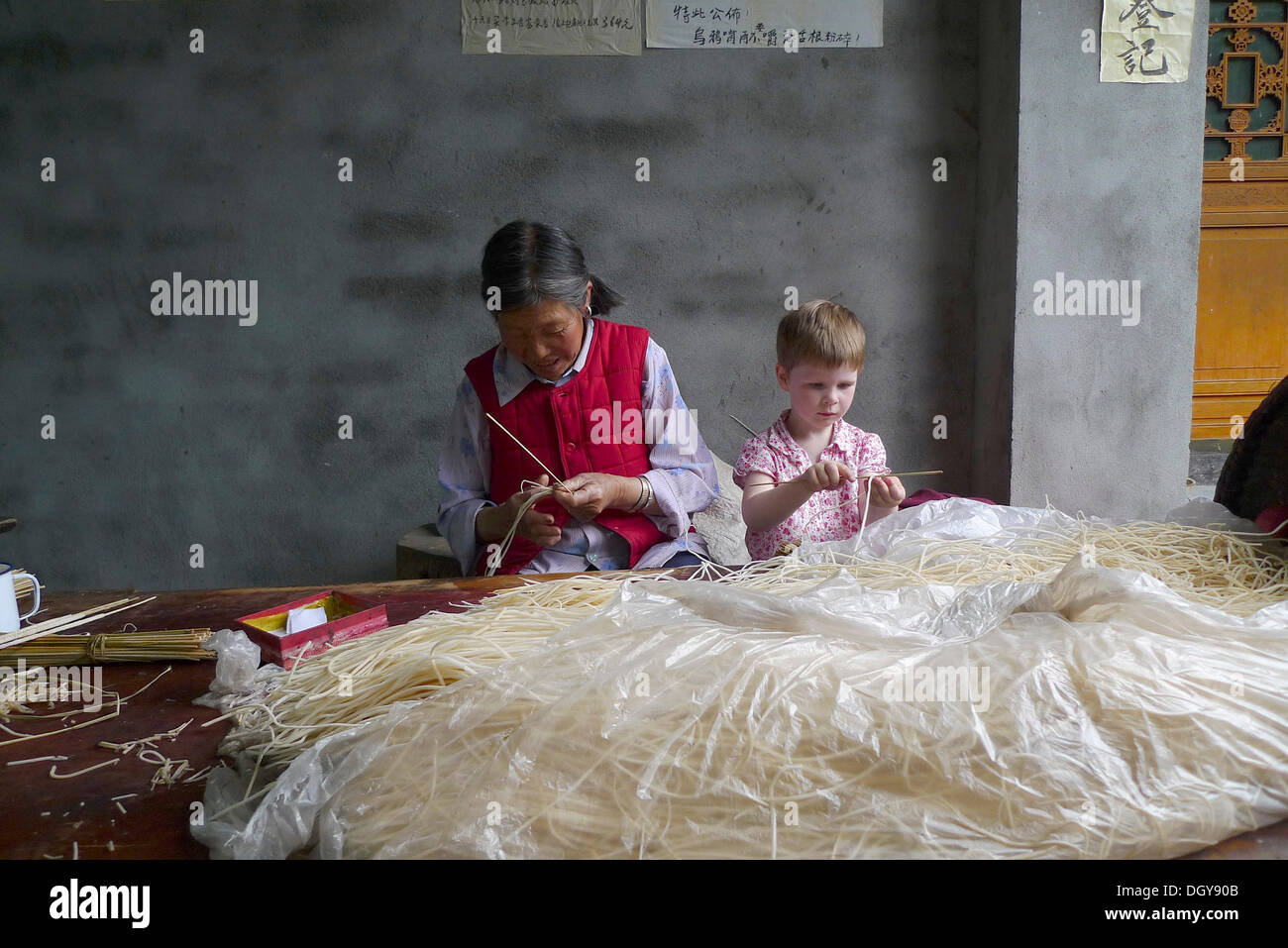 Incontra in Cina, giovane ragazza europea aiutando sulla vecchia donna cinese rendendo i bastoncini di incenso, Moxi, Hailuogou, Sichuan, in Cina Foto Stock