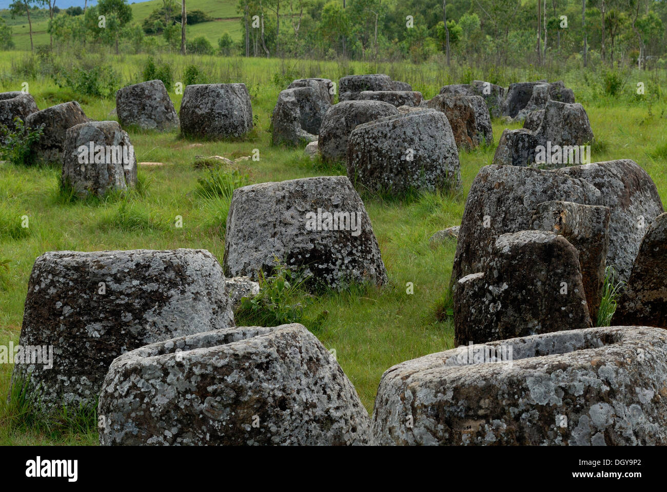 Archeologia, grandi pietre antiche vasi nel paesaggio, Pianura di giare, Jar sito 1, Thong Hai Hin, a Phonsavan Foto Stock