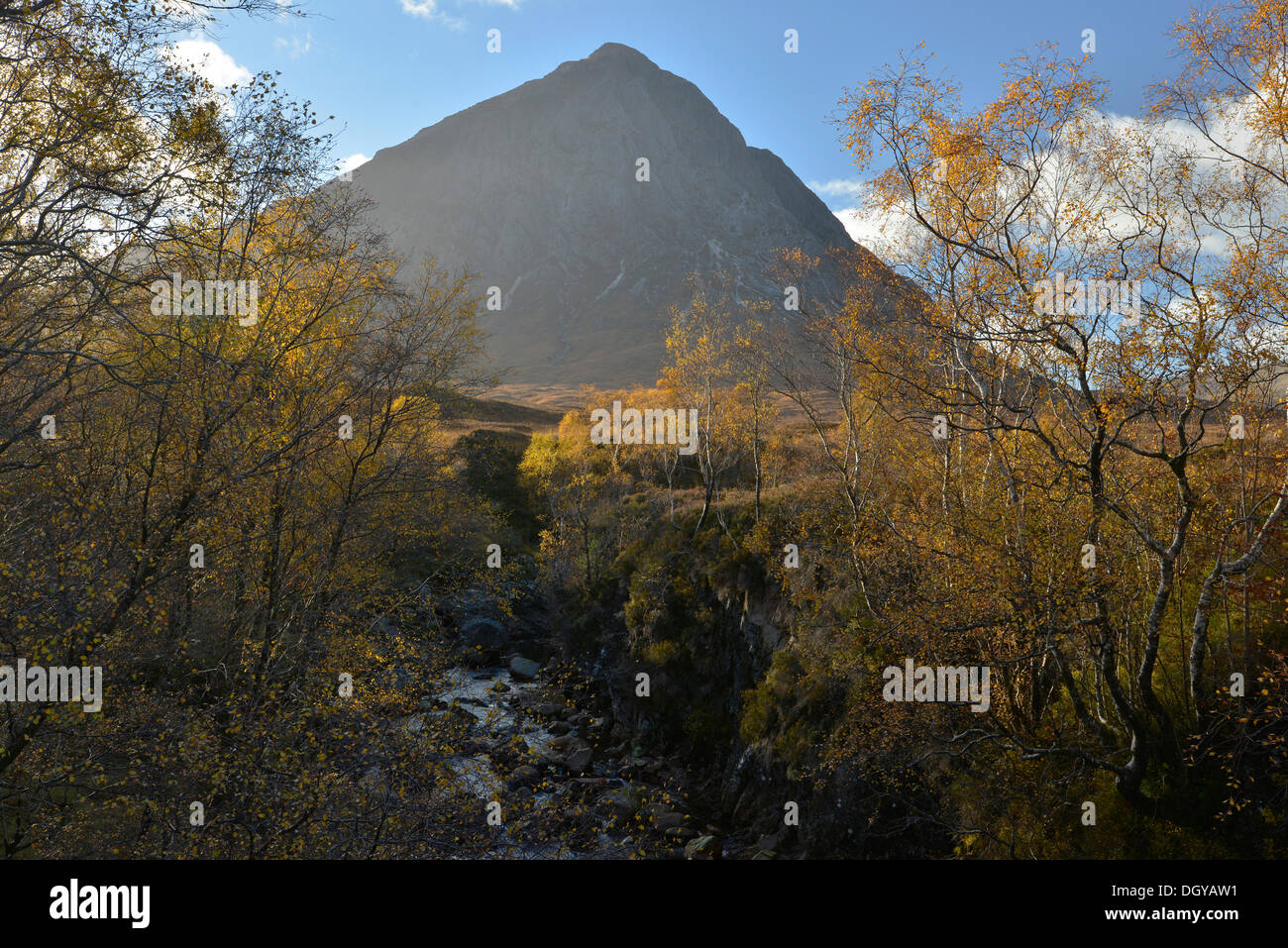 Buachaille Etive Mor, autunno nella valle di Glen Etive, Highlands scozzesi, Scotland, Regno Unito, Europa Foto Stock