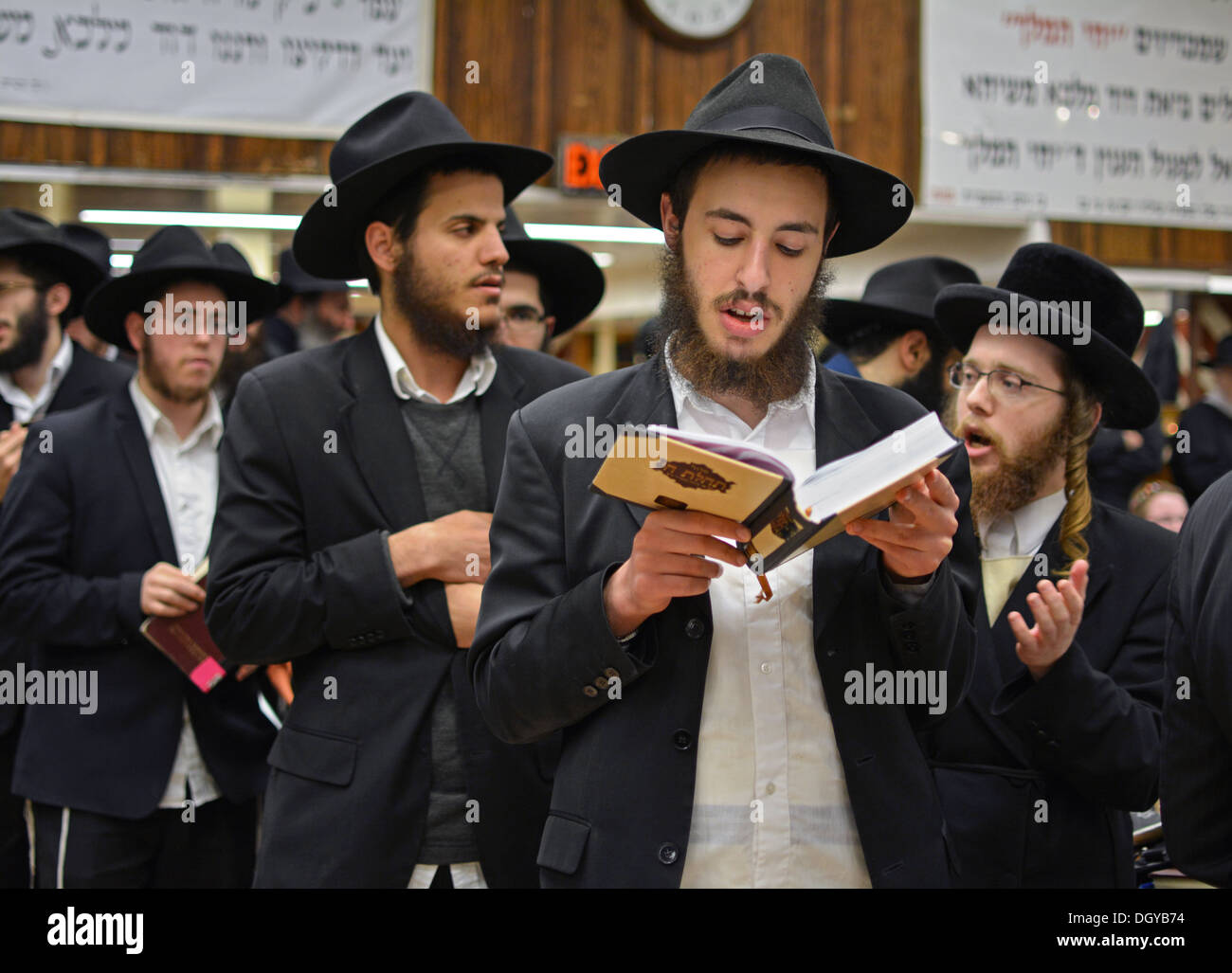 Ebrea ortodossa uomini al pomeriggio nei giorni feriali preghiere in sede Lubavitch in Crown Heights, Brooklyn, New York. Foto Stock