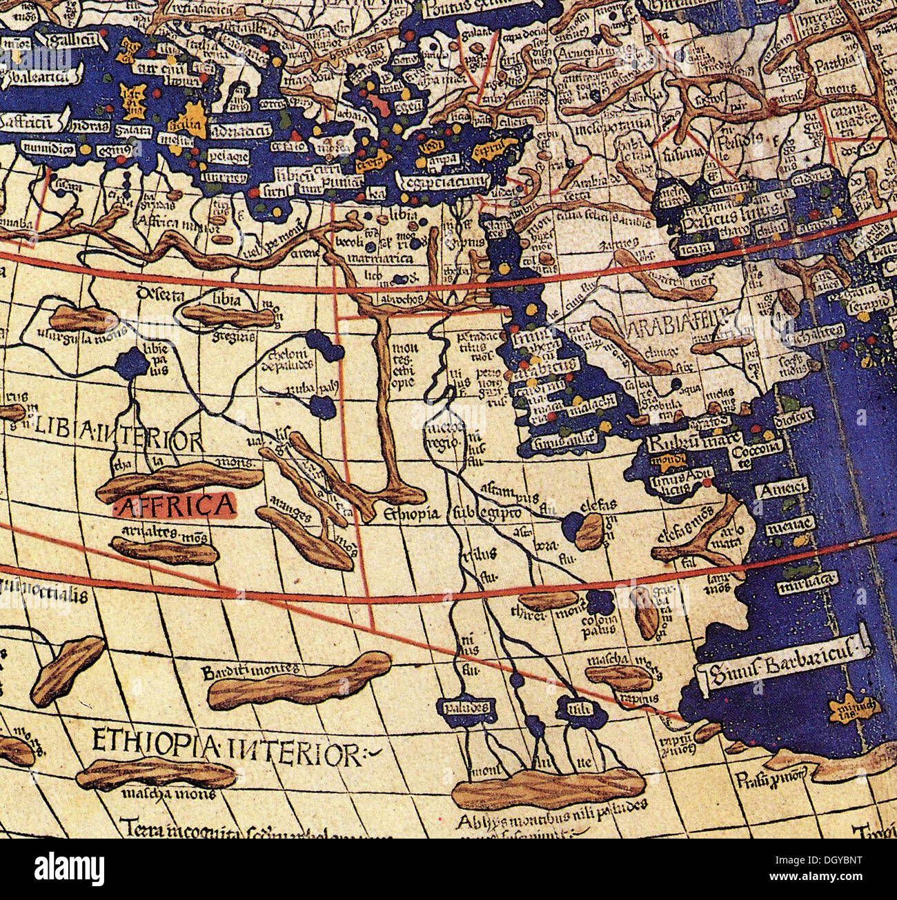 5768. Tolomeo mappa del mondo che mostra le terre note per la Hellenic mondo in 2a. C. Il manoscritto originale è stato perso, pic. mostra una 13th. C. la ricostruzione. Dettaglio mostrante l'Egitto e la zona circostante Foto Stock