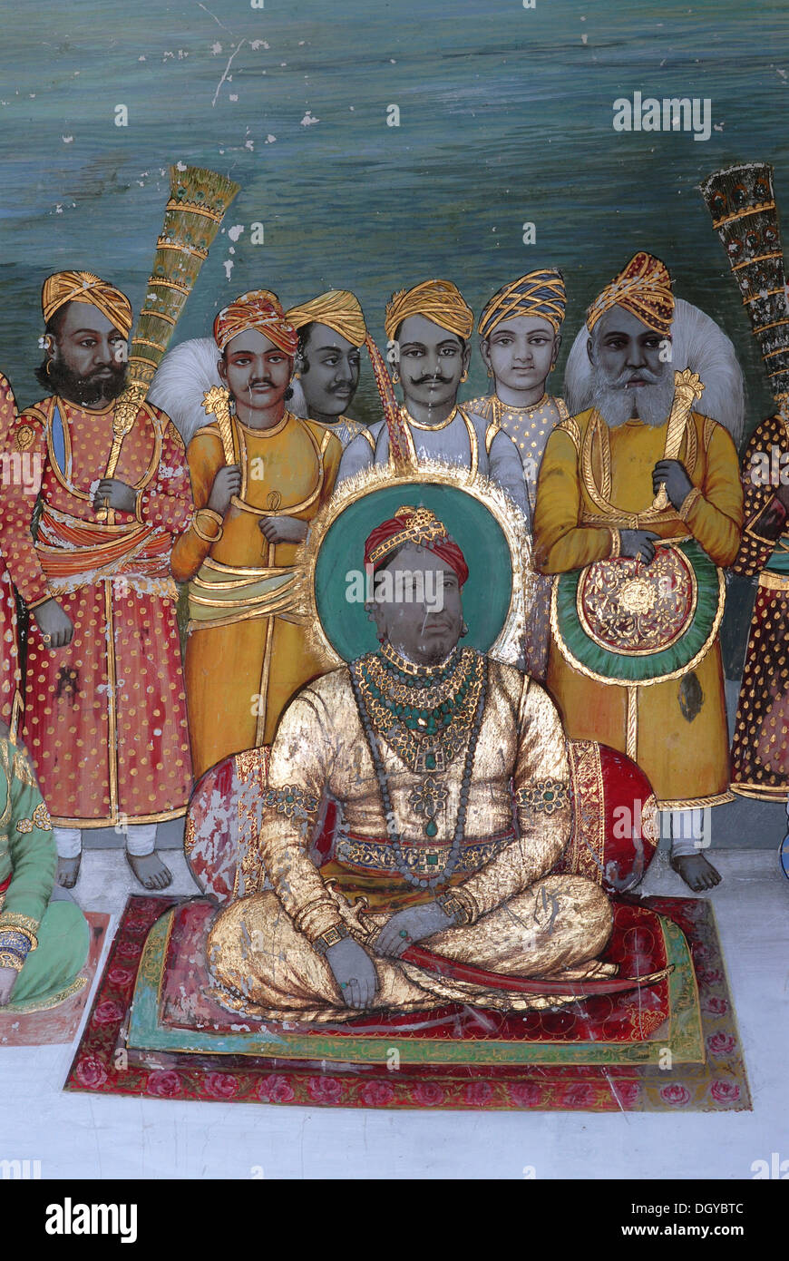 Maharaja di Dungarpur dando un udienza con il suo entourage, Juna Mahal, antico palazzo di Dungarpur, Rajasthan, India, Asia Foto Stock