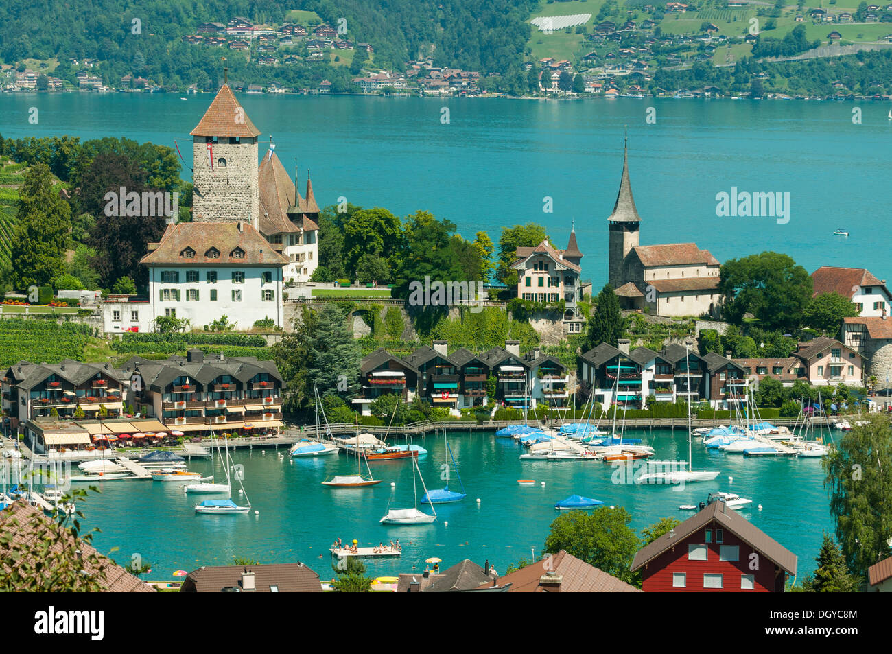 Il castello di Spiez e del Lago di Thun, Svizzera Foto Stock