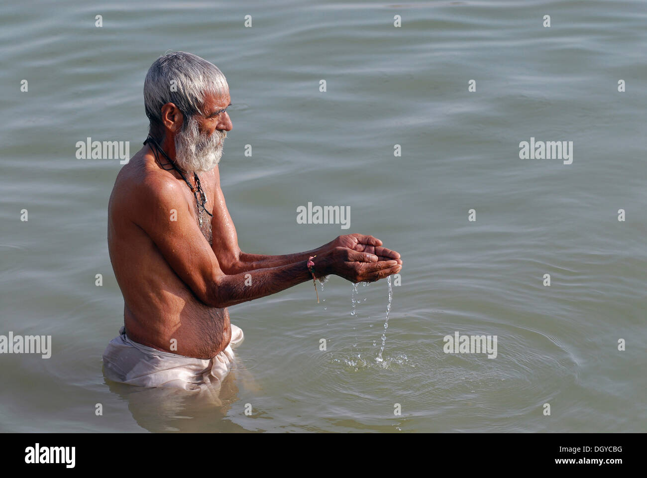 Uomo che prega, Ram Devra pellegrinaggio, Ram Devra, deserto di Thar, a Pokaran o Pokhran, Rajasthan, Nord India, India, Asia Foto Stock