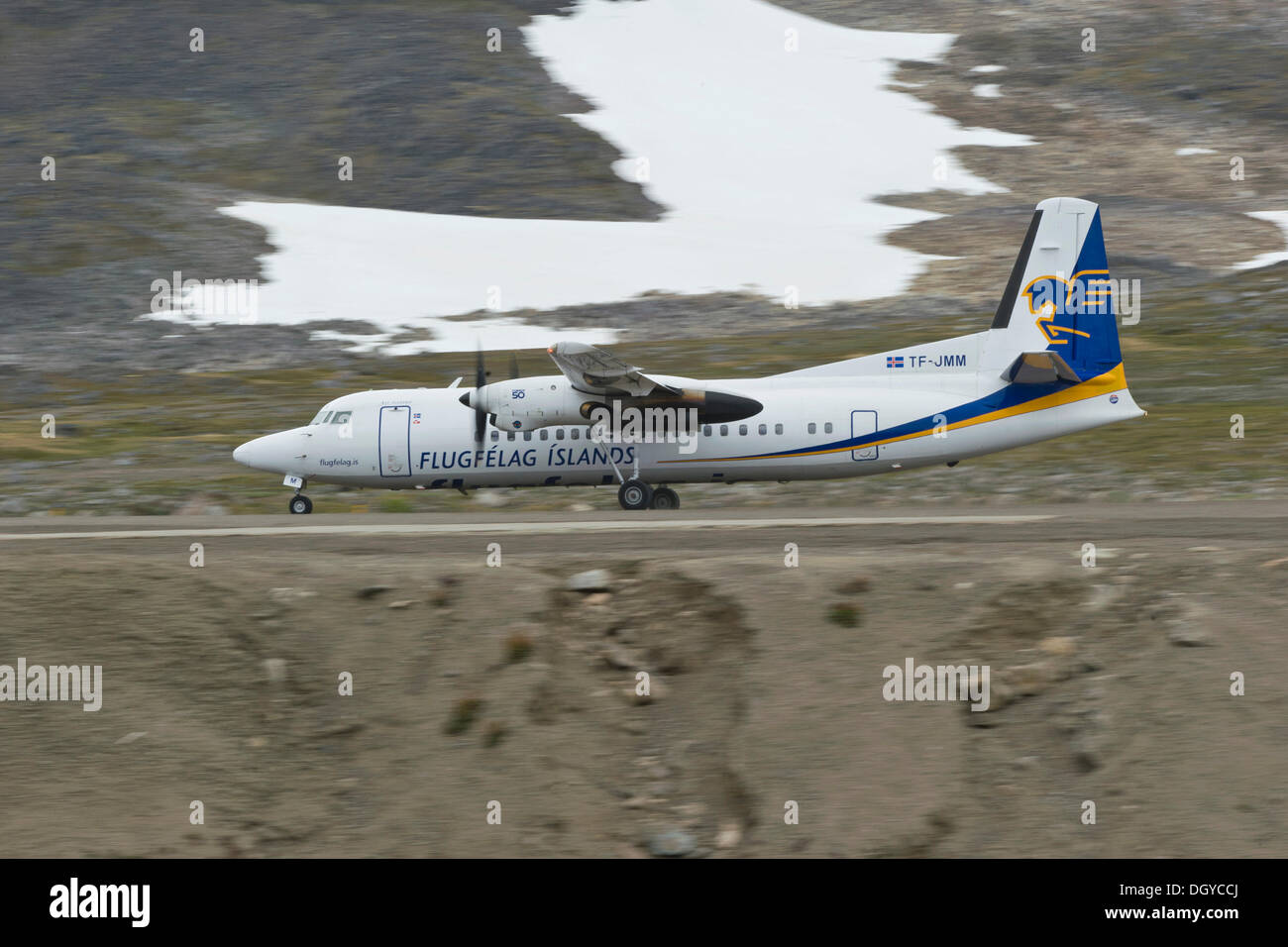 Piano della compagnia aerea islandese Flugfélag Íslands, Kulusuk Airport, est della Groenlandia, Groenlandia Foto Stock