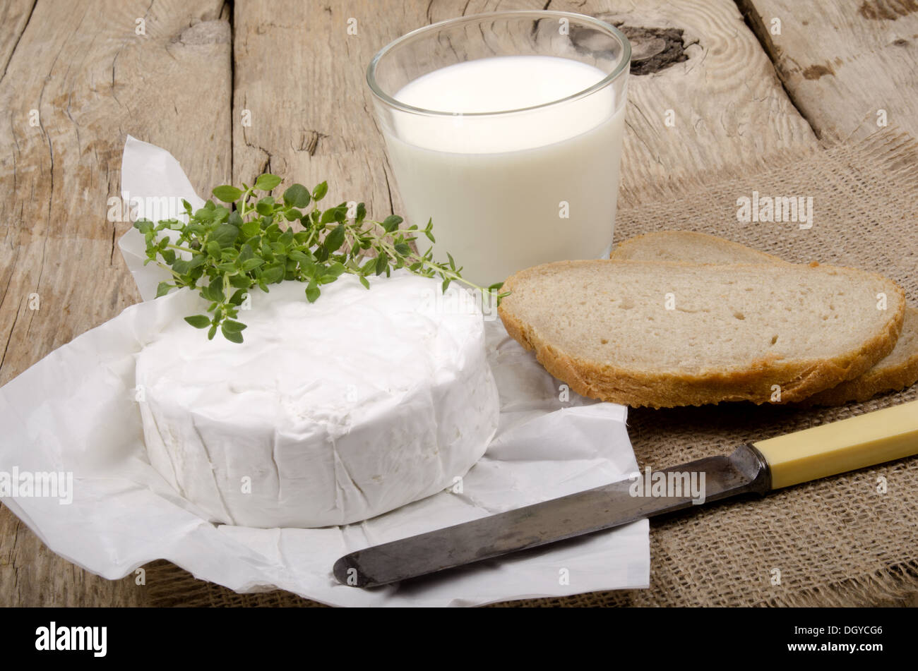 Francese camembert brie con timo, pane e latte su una country house tavolo da cucina Foto Stock