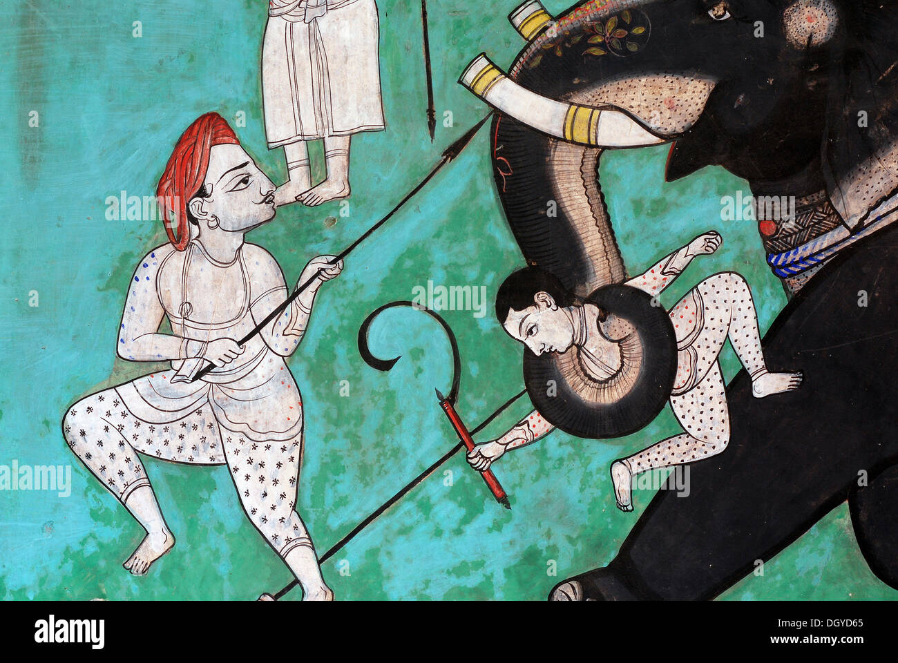 Pittura murale, affresco, scene di caccia con un elefante, Juna Mahal, Palazzo Vecchio di Dungarpur, Rajasthan, India, Asia Foto Stock
