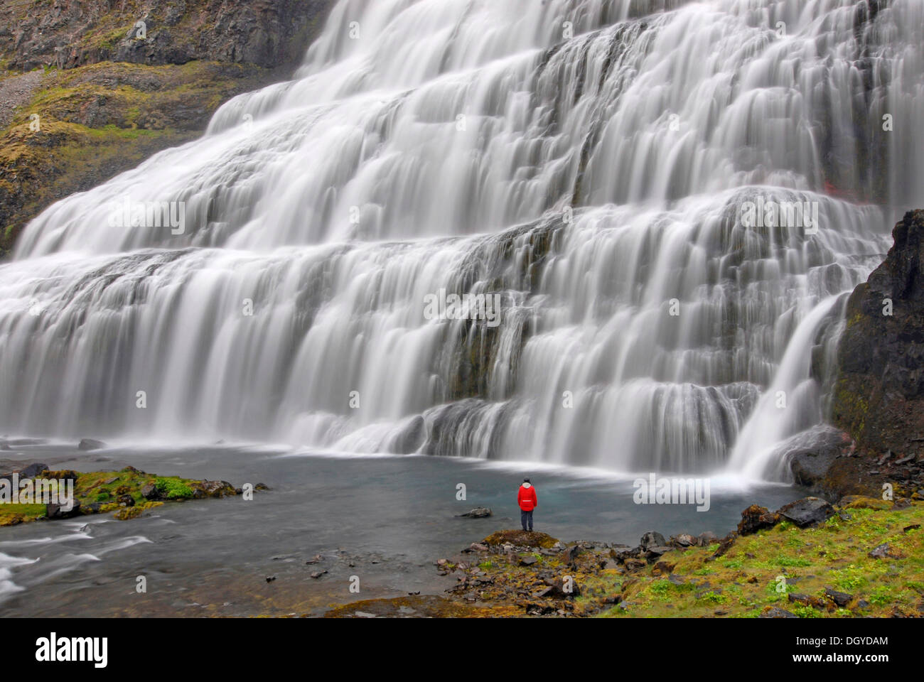 La donna di fronte al Dynjandifoss o Fjallfoss cascata, cascata più grande nella zona ovest di fiordi, Northwest Islanda Islanda Foto Stock