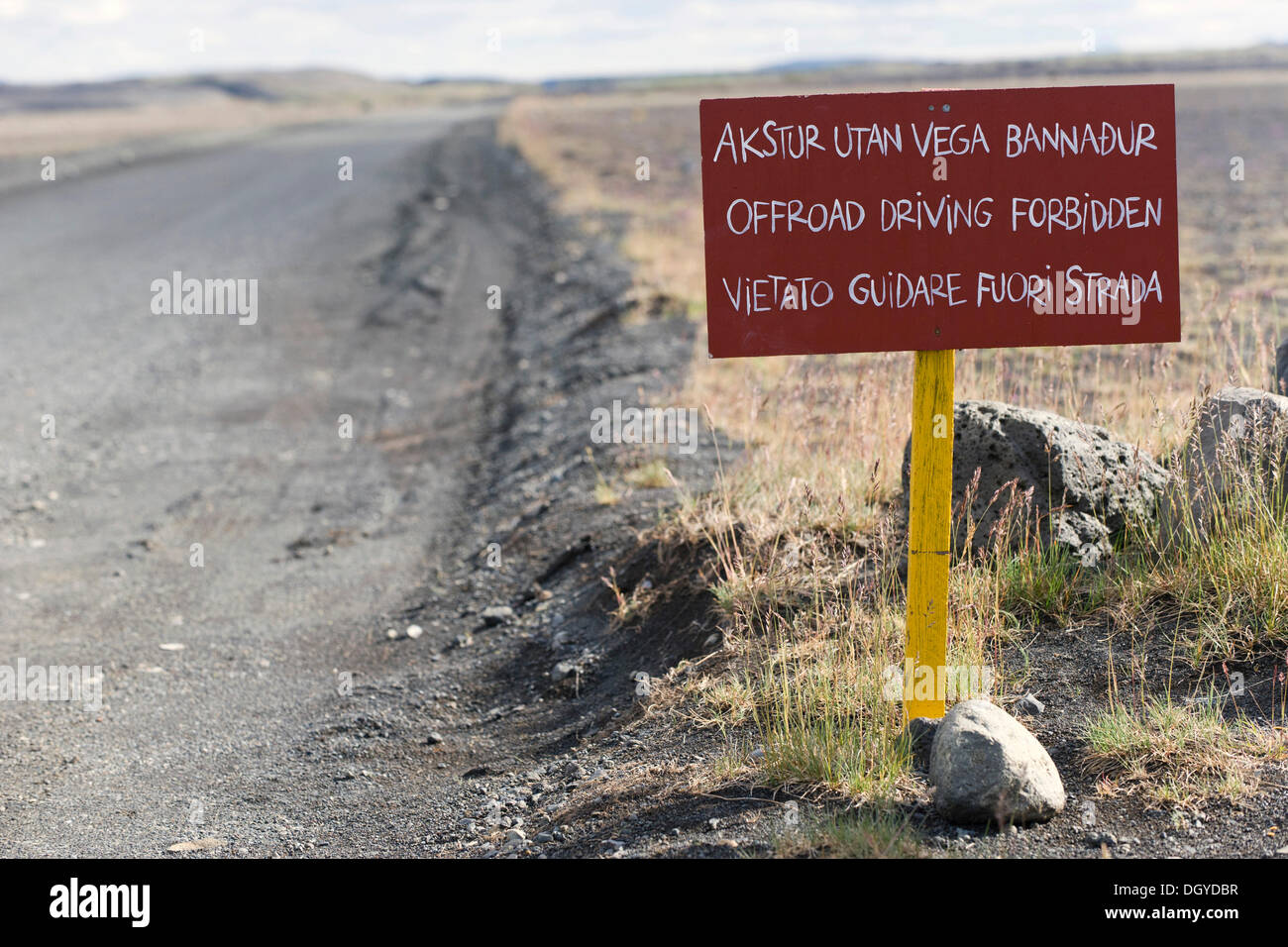 Segnale di divieto la guida off-road, Ring Road, il nord dell'Islanda, Europa Foto Stock